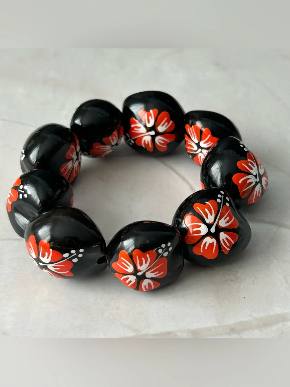 Hand-Painted Black & Red Flower Statement Bracelet